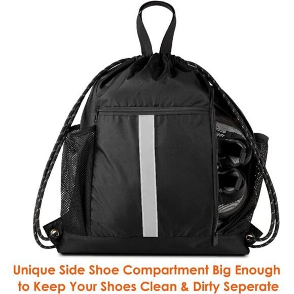 Drawstring Gym Backpack with Shoe Compartment Water Bottle Pockets Travel - Picture 2 of 7